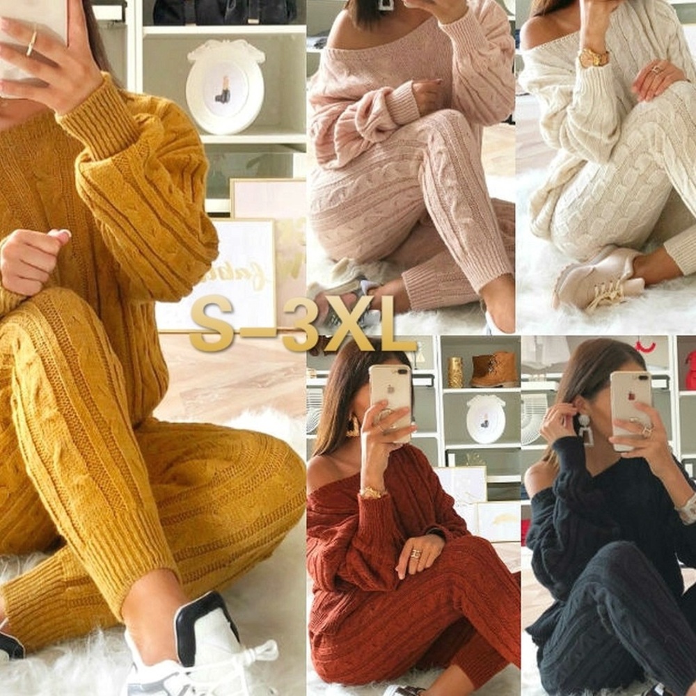 S-Xl pair of solid casual knitted sweater suit